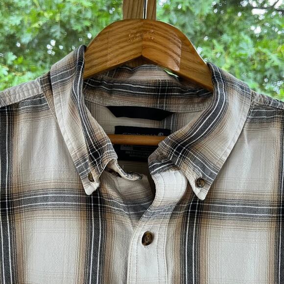 Carhartt Men's Loose Fit Tan And Brown Plaid Short Sleeve Shirt Size 2XL - Picture 3 of 10